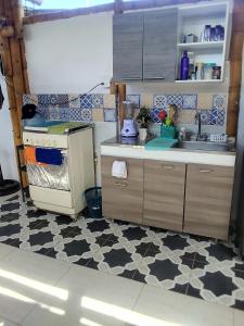 a small kitchen with a sink and a stove at Casa de Guadua in Dibulla