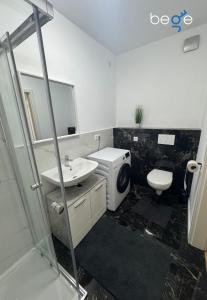 a bathroom with a sink and a toilet and a mirror at BEGE APARTMENTS BalanceBase in Philippsburg