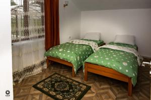two twin beds in a room with a window at Ioska Boro in Mehadica +60 photos