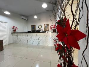 a lobby with a red bow on a wall at Hotel Dolce Dulce in Olímpia +71 photos