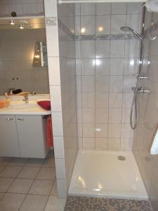 ein Bad mit einer Dusche und einem Waschbecken in der Unterkunft Pension und Weingut Hirschhof in Offenheim