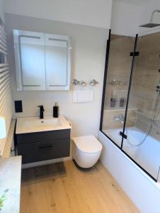 a bathroom with a toilet and a shower and a sink at Sauna Apartment Adelina Bad Wörishofen in Bad Wörishofen