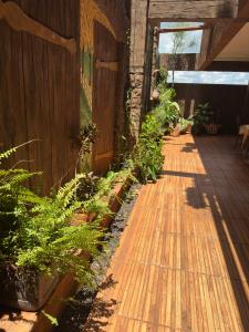 a wooden walkway in a house with plants at Hotel Matrin in Barretos