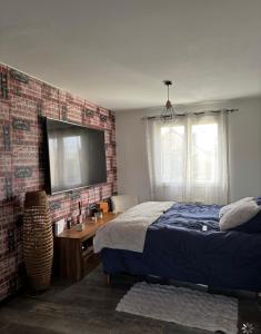 a bedroom with a bed and a desk and a television at La Villa cocooning in Changé +39 photos