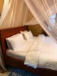 a bed with white pillows and a canopy at May 7 in Soroti