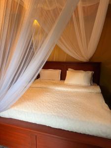a bed with a canopy with white sheets and pillows at May 7 in Soroti