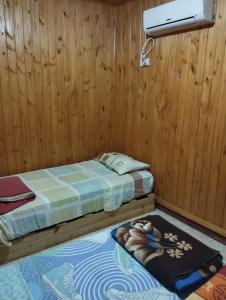 a room with two beds and a fan and a rug at Cabañas Las Moras in Candelaria