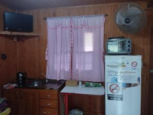 a kitchen with a refrigerator and a sink and a window at Cabañas Las Moras in Candelaria +13 photos
