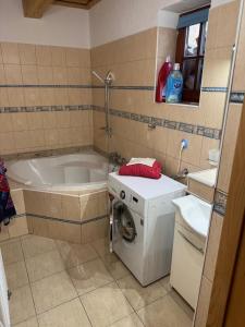 a bathroom with a washing machine and a tub at Goralska Chalupa in Vígľaš +16 photos