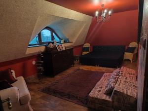 a living room with a bed and a window at Chillout-House in Mińsk Mazowiecki