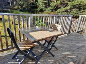 a wooden table with a plant on a deck at The Wee Loft in Carrbridge