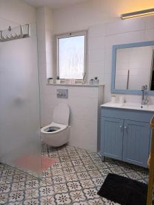 ein Badezimmer mit Toilette und Waschbecken in der Unterkunft אלת המדברGoddess of the desert in Beʼer Ora