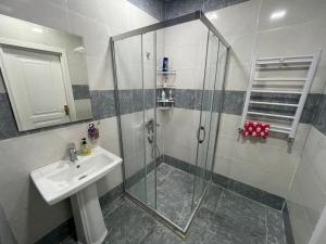 a bathroom with a shower and a sink at Caspian Mirvari in Sumqayıt +8 photos