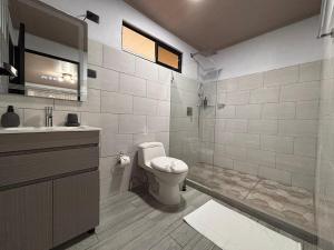 a bathroom with a toilet and a sink and a shower at Harmony Home La Fortuna in Fortuna +24 photos