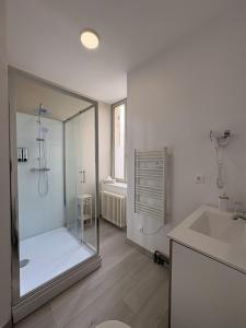 a bathroom with a shower and a sink at Le St Vincent in Roquefort +76 photos