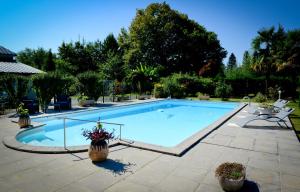 a large swimming pool with flowers in a yard at Logis Chez Germaine in Geüs-d'Oloron