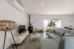 a living room with a couch and a tv at Villa Adão Lobo in Cadaval