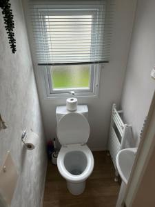 a small bathroom with a toilet and a window at Phoenix caravan hire, Trecco bay in Porthcawl +20 photos