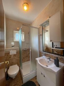 a bathroom with a shower and a toilet and a sink at Apartman & rooms Draga in Marina +50 photos
