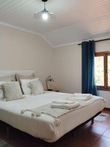 a bedroom with a large bed with blue curtains at Quinta Meneses in Santa Cruz +38 photos