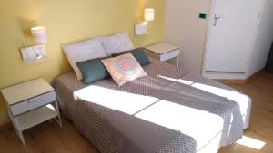 a bedroom with a large bed with pillows on it at Le gÎte du mazagran in Leffincourt