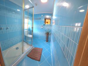 a blue tiled bathroom with a shower and a sink at Baixa GuestHouse in Lisbon +148 photos