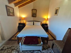 a bedroom with a bed and two chairs and two lamps at Vila Topalli in Pogradec