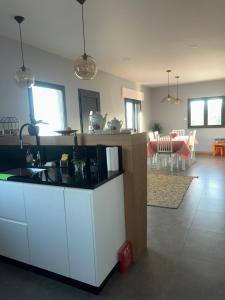 a kitchen with a sink and a living room at Casa das hortensias in Tabaçô +40 photos