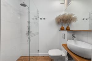 a bathroom with a shower and a toilet and a sink at AURA 77 Żoliborz in Warsaw
