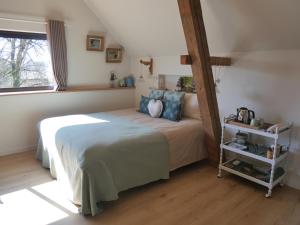 a bedroom with a bed with blue pillows on it at Hissele in Hilsenheim