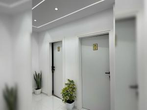 a hallway with two doors and two potted plants at Marra’s Rooms in Durrës