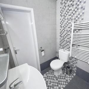 a bathroom with a white toilet and a sink at Above the City, walk everywhere - 2BR, 2 Baths in Skopje +11 photos