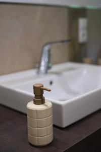 a soap dispenser sitting in front of a sink at Landhaus Sonnenwinkel in Brodenbach +73 photos