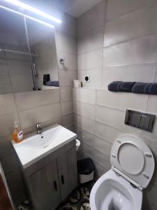 a bathroom with a white toilet and a sink at Apartment Studio 6 in Mytilene +21 photos