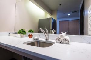 a bathroom counter with a sink and a mirror at The Inn Down Town in Erie +82 photos