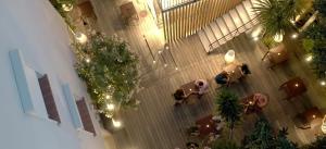 an overhead view of a lobby with people and plants at Hôtel Le Mistral in Porto-Vecchio