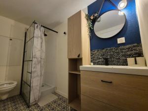 a bathroom with a sink and a toilet and a mirror at Studio - Le Cocon in Saint-Brieuc