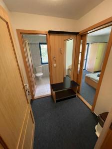 a room with a bathroom with a toilet and a mirror at U Konupy in Ober Lindewiese