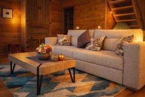 a living room with a couch and a coffee table at Adria Nord Chalets in Žabljak