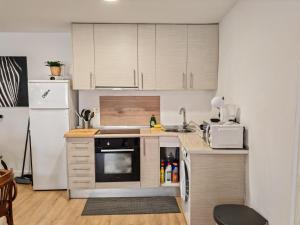 a small kitchen with a sink and a refrigerator at Boutique 2 apartamento Ave centro Lleida in Lleida +11 photos
