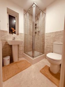 a bathroom with a shower and a toilet and a sink at Gloria's Getaway in Langport