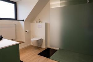 a bathroom with a toilet and a green wall at Vakantiehoeve Breathe Nature in Lochristi +37 photos