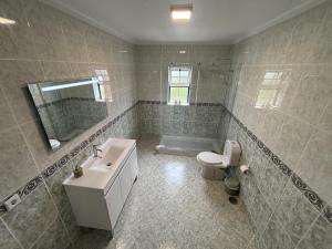 a bathroom with a sink and a toilet and a mirror at Casa dos Neto Carriço in Anadia +11 photos