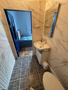 a bathroom with a toilet and a sink and a window at Green Vibe Guesthouse in Vanadzor