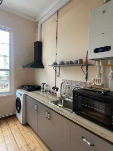 a kitchen with a sink and a microwave at Green Vibe Guesthouse in Vanadzor