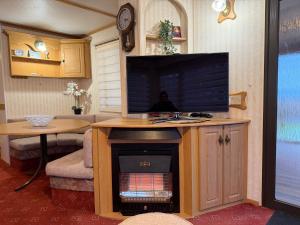 a living room with a tv and a fireplace at Mazurski Zakątek in Ławki