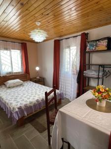 a bedroom with a bed and a table and two windows at Akany Sahoby in Antananarivo