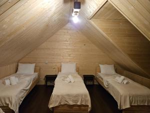 a room with two beds in a attic at Tatu's wooden hut in Mestia