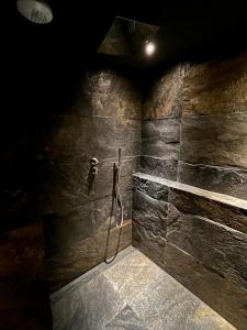 a bathroom with a shower in a stone wall at Le Domaine Endila in Munster