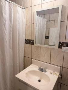 a bathroom with a sink and a mirror and a shower curtain at Hotel Posada de Santiago in Tijuana